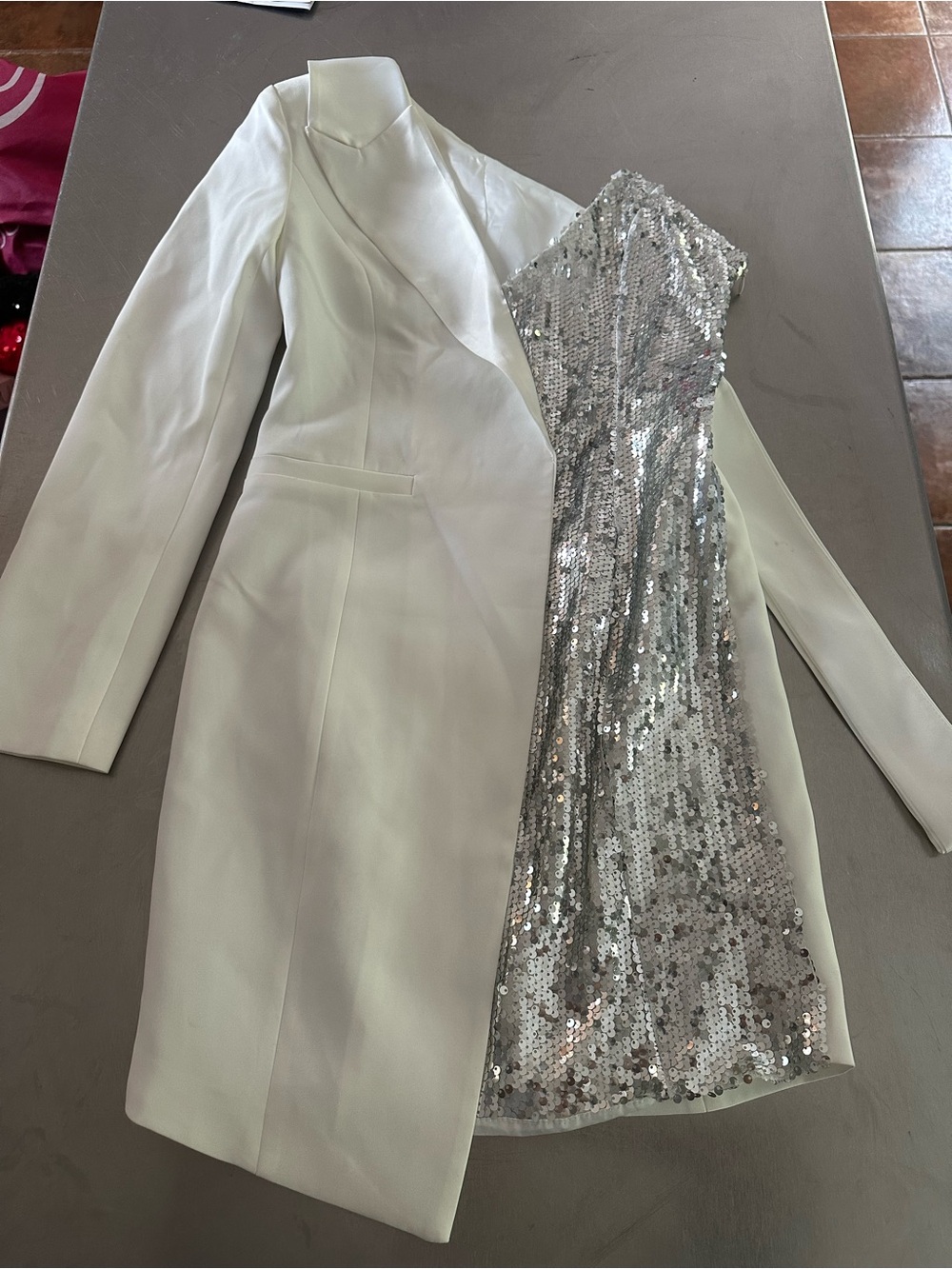 Silver Sequin and White Evening Dress